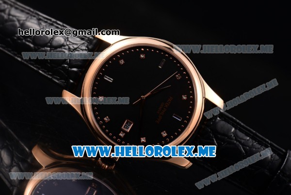 Patek Philippe Calatrava Miyota Quartz Rose Gold Case with Black Dial and Black Leather Strap Diamonds Markers - Click Image to Close